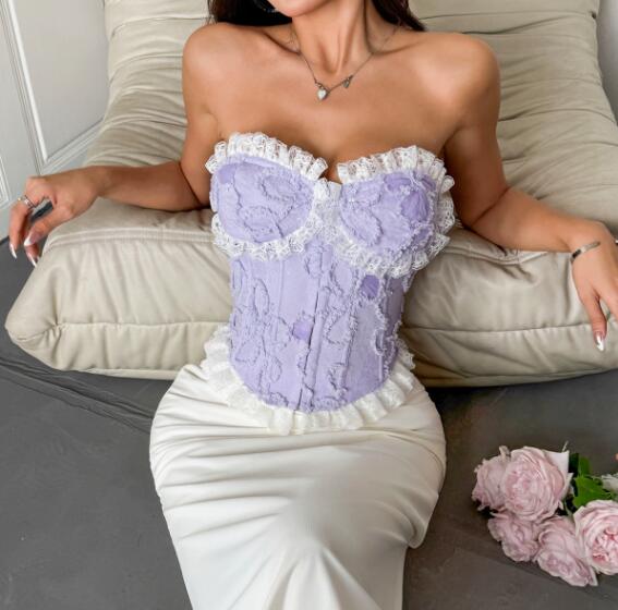 エロ下着 紫色レース刺繍ベビードールコルセット風下着