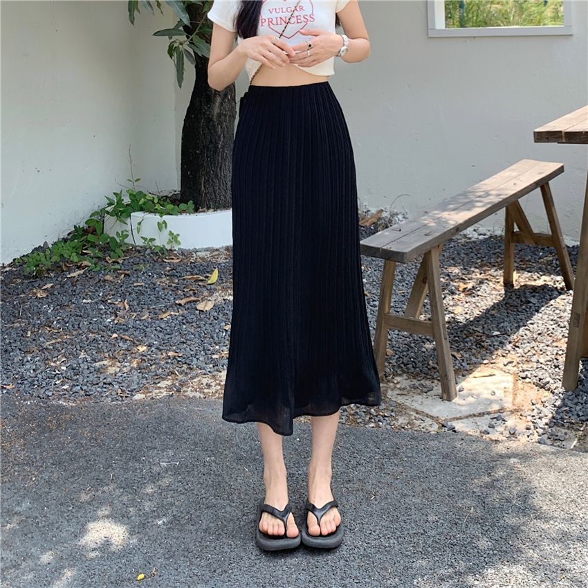 黒 スカート なめらか プリーツ ロングスカート
