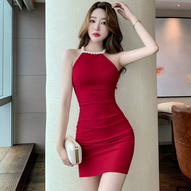 キャバドレス パール装飾ホルターネックタイトミニドレス