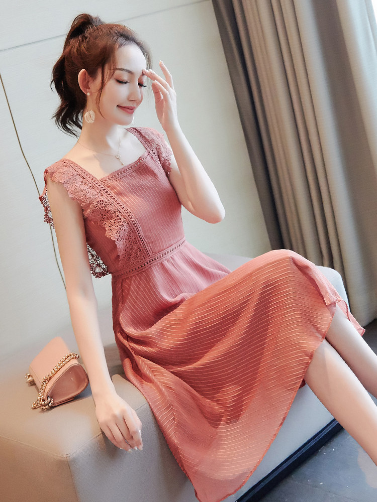 キャバドレス レース袖プリーツシフォン膝丈ワンピース