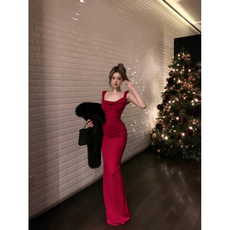 キャバドレス バックリボン美背中見せスクエアネックロングドレス