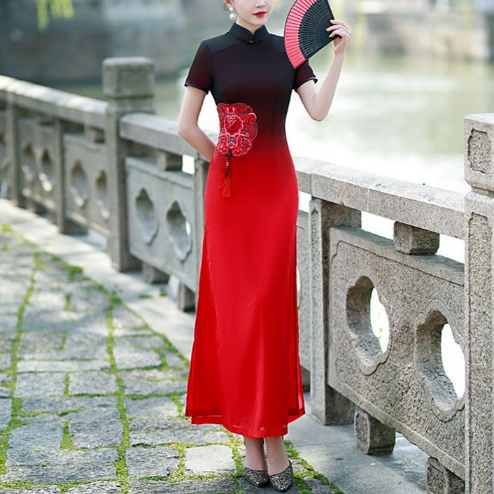 キャバドレス 華やか牡丹刺繍切替ロング丈チャイナドレス