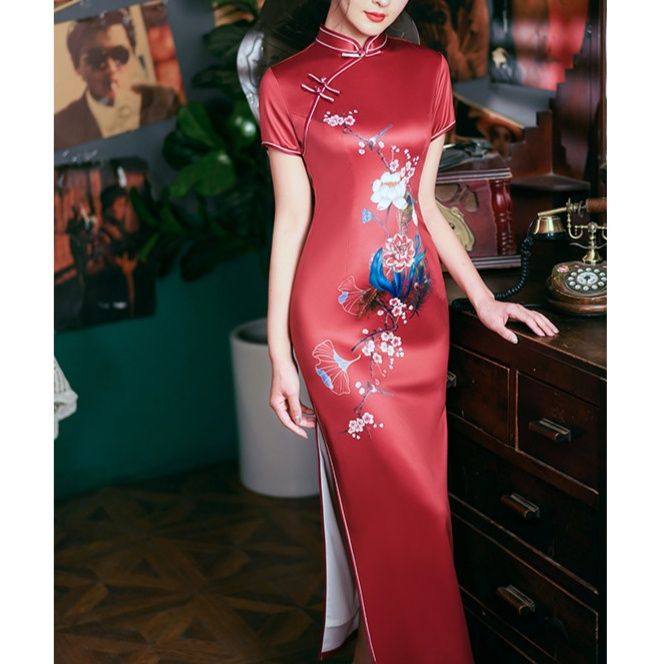 キャバドレス 京劇美人刺繍入りロング丈チャイナドレス