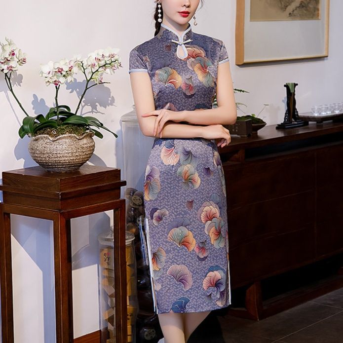 キャバドレス 扇柄刺繍立襟チャイナタイトミディ丈ワンピース