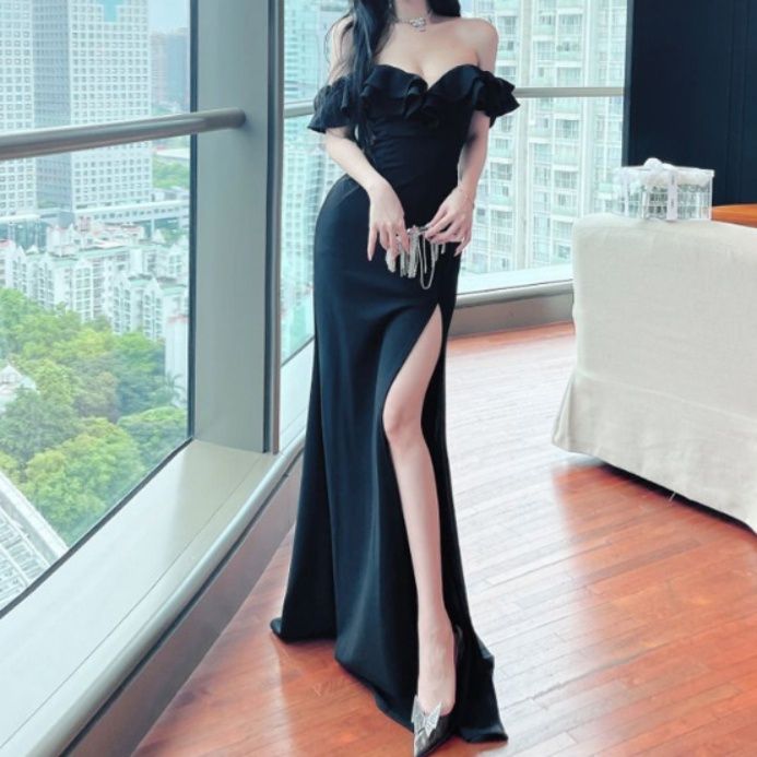 キャバドレス フリル袖オフショルダーロングスリットキャバドレス