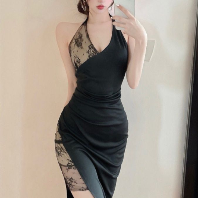 キャバドレス 花柄レース切替ホルターネックタイトドレス