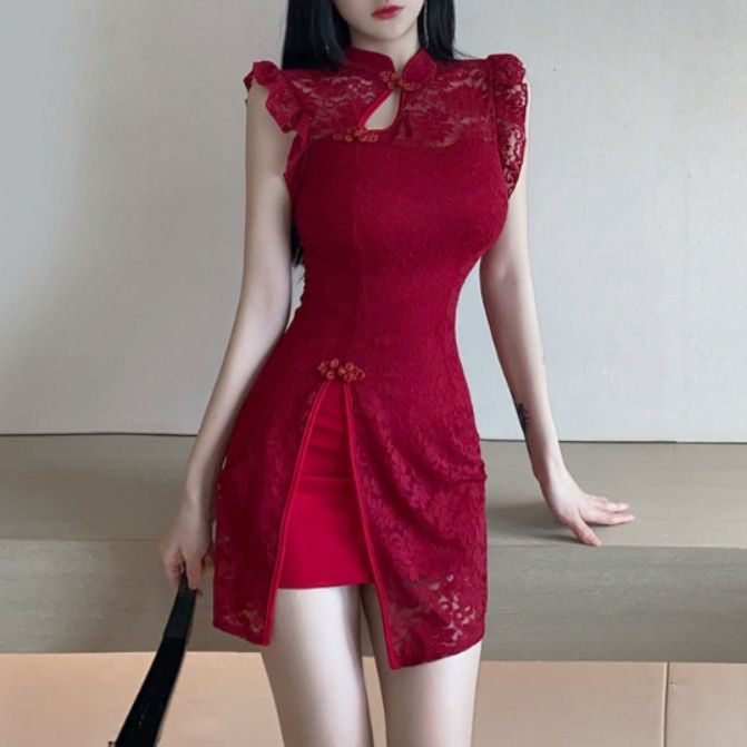 キャバドレス 胸元開きレース袖フリルスリット入りチャイナドレス