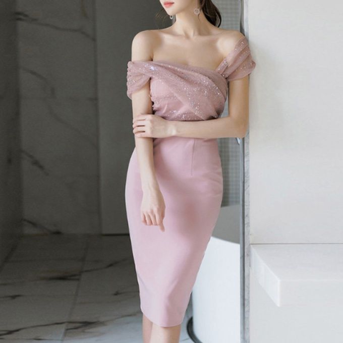 キャバドレス オフショルダーラメチュールタイトボディコン膝丈ドレス