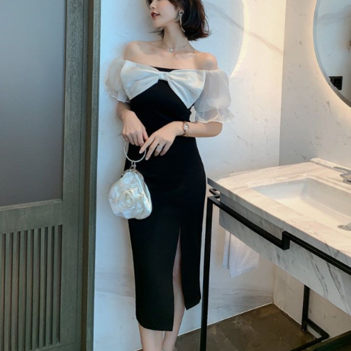 キャバドレス 大きなリボンが華やぐシアー袖タイトオフショルドレス