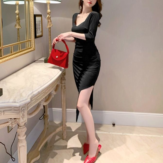 キャバドレス スクエアネック五分袖タイトシルエット膝丈ドレス