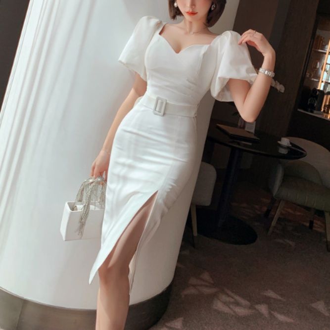 キャバドレス パフスリーブVネックベルト付き膝丈ドレス