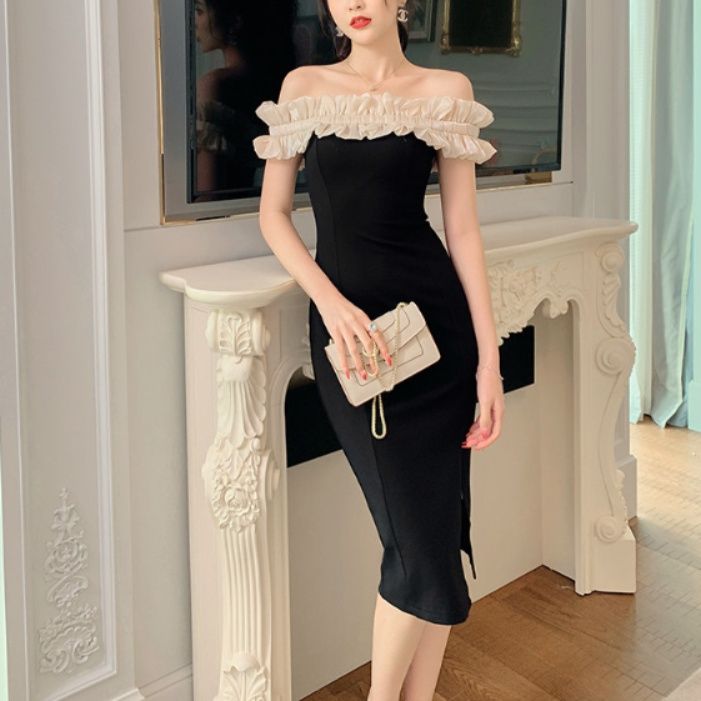 キャバドレス フリルオフショル切替タイトミディドレス