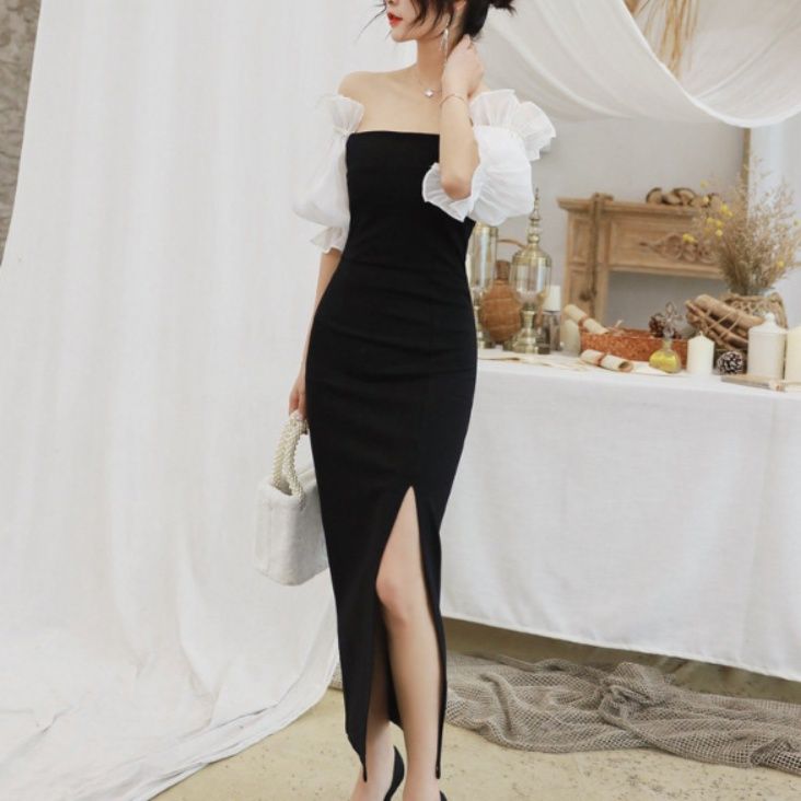 キャバドレス シアーパフスリーブオフショルダータイトロングドレス