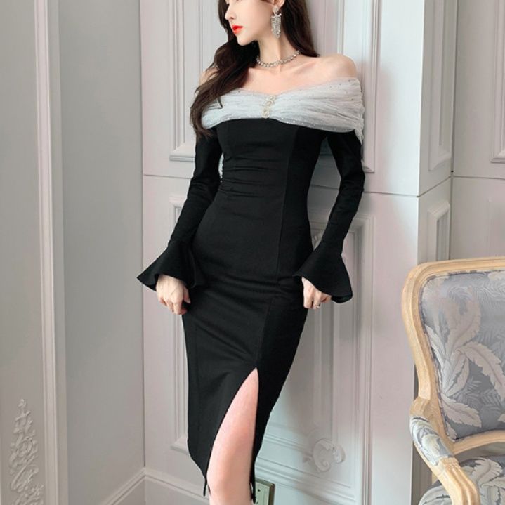 キャバドレス 煌びやかオフショルダー長袖タイトドレス