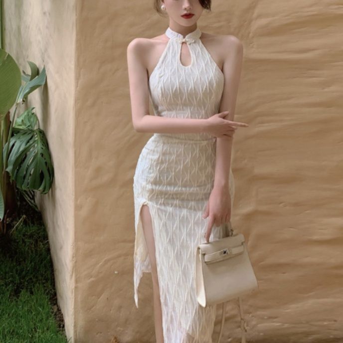 キャバドレス キーホールデザインホルタータイトロングドレス