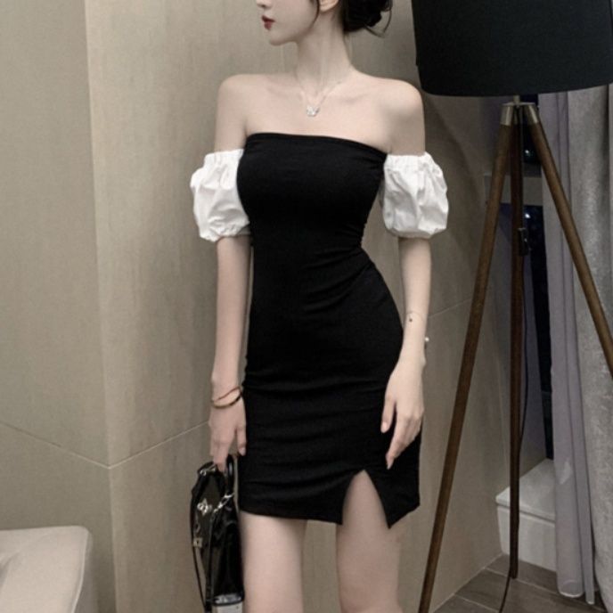 キャバドレス 配色パフスリーブオフショルダータイトミニドレス