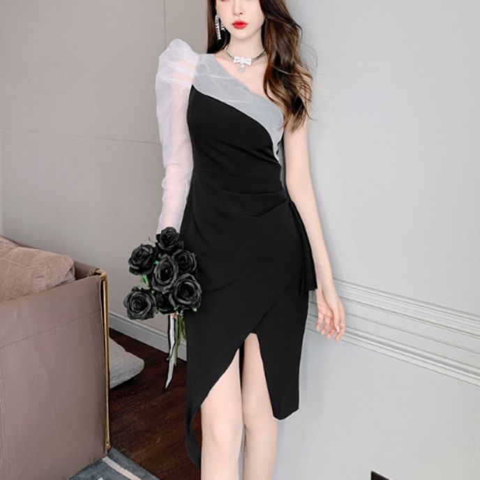 キャバドレス シアー袖切替ワンショルダー巻きスカート風ドレス