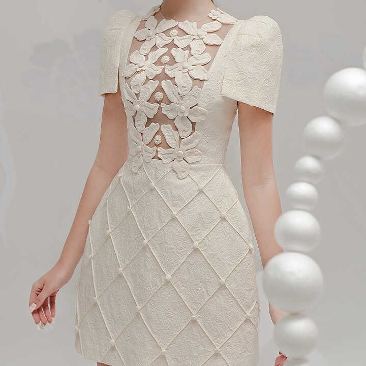 キャバドレス 立体花モチーフシアー切替パフスリーブミニドレス