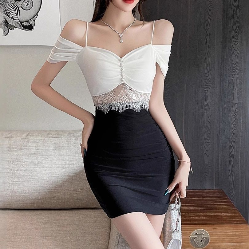 キャバドレス オフショルダー花レース切替タイトミニドレス