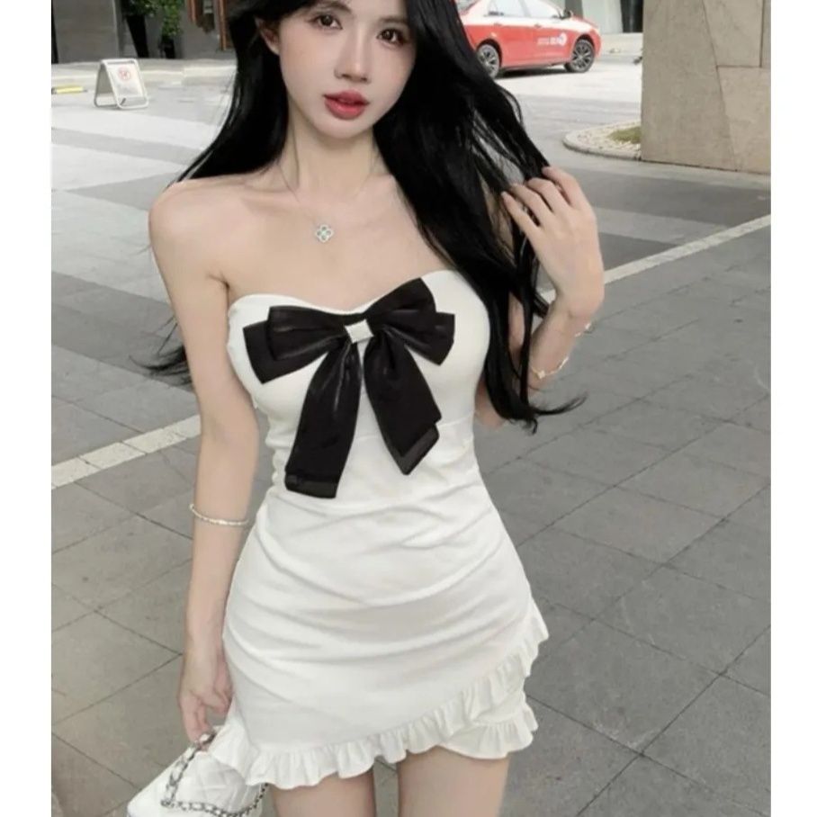 キャバドレス 大きめリボン付きベアトップフリルミニドレス
