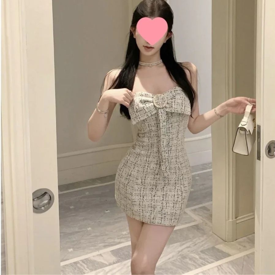 キャバドレス ツイード素材リボンビスチェタイトミニドレス