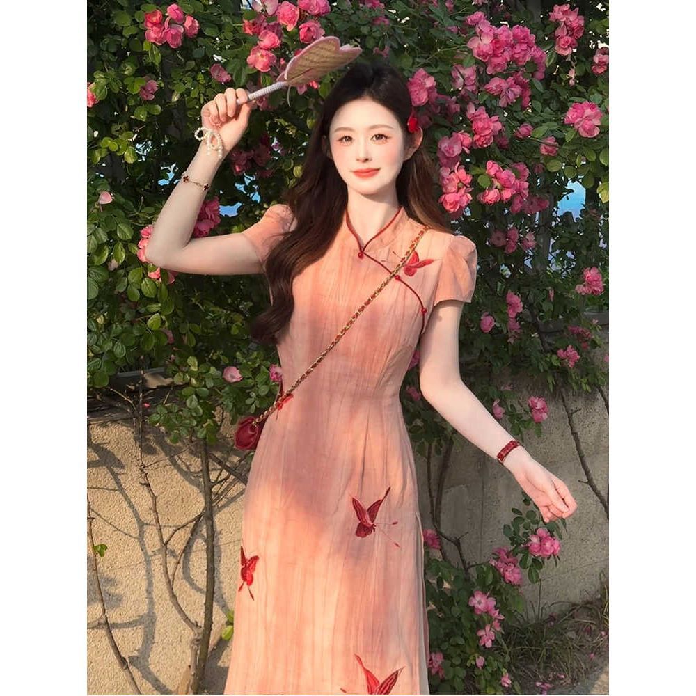 キャバドレス 蝶々刺繍チャイナドレス 半袖ワンピース レディース