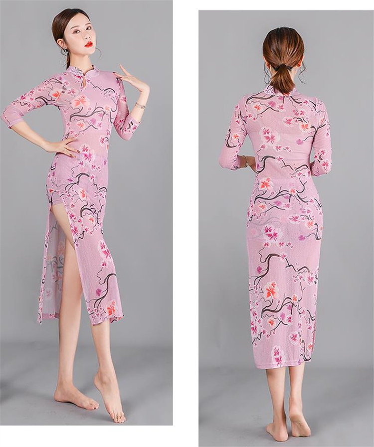 花柄チャイナドレス膝丈タイトキャバドレス