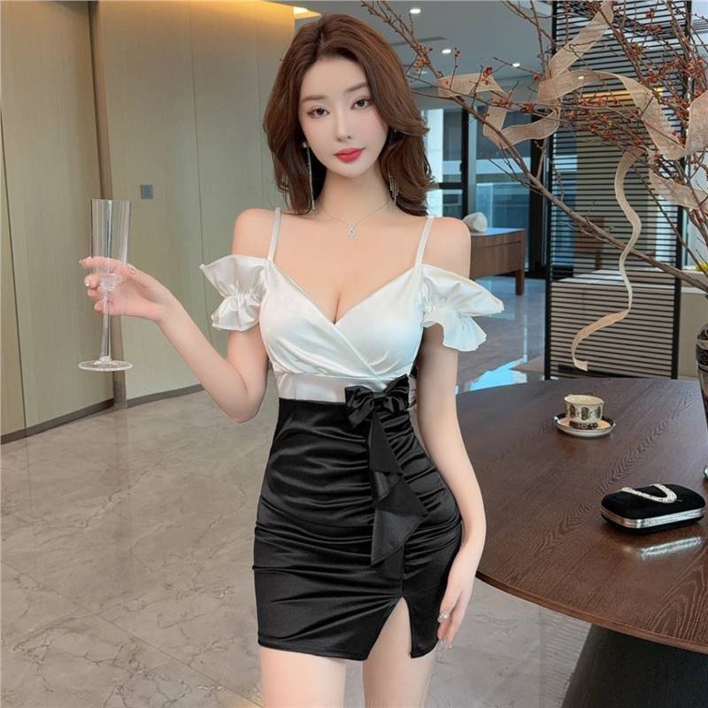 キャバドレス オフショルダーフリル袖サテン切替ミニドレス