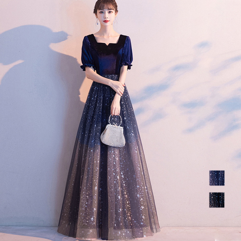 キャバドレス 星空輝くパフスリーブロングドレス結婚式ワンピース
