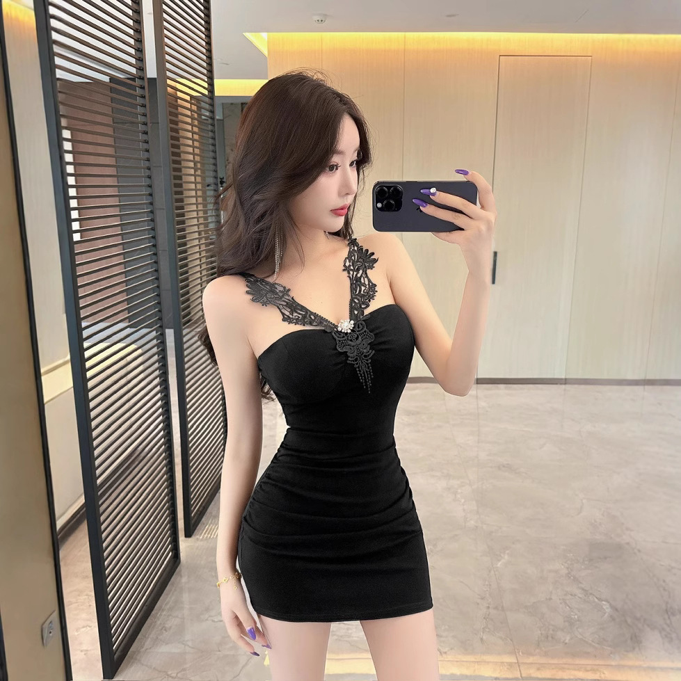 キャバドレス 豪華レース装飾ベアトップタイトキャバドレスミニ