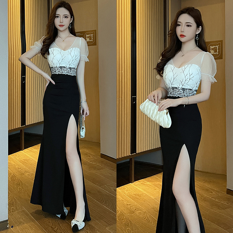 キャバドレス 刺繍ビジュー切替えシアースリーブスリット入りロングドレス