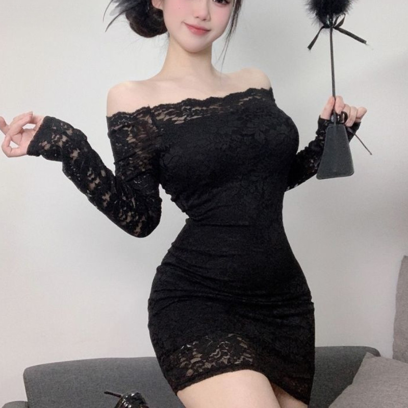 キャバドレス 総レースオフショルダー長袖タイトミニドレス