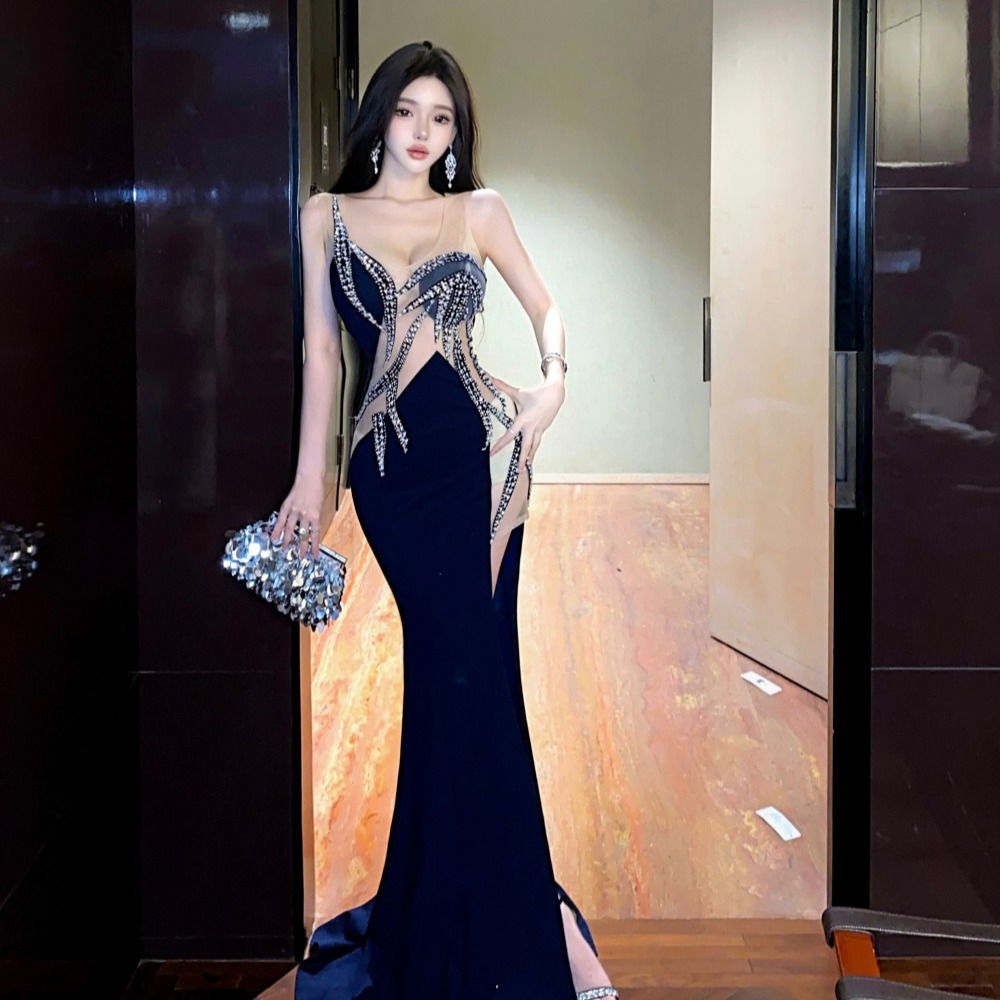 キャバドレス 華やか煌めきビジュー装飾マーメイドロングドレス