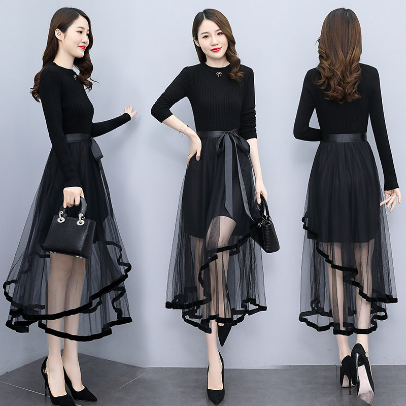 キャバドレス シアーチュール裾フリル切替リボンベルト長袖ドレス