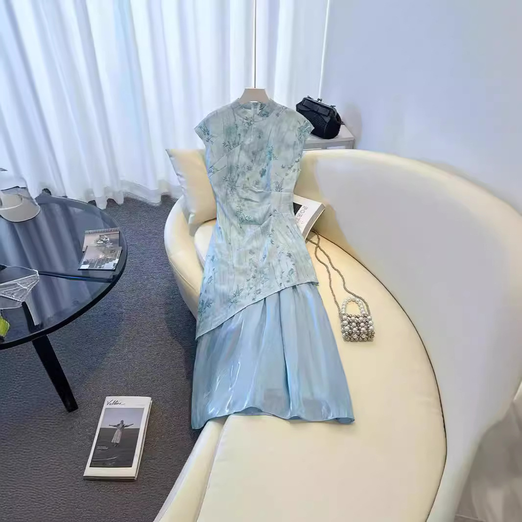 キャバドレス 上品チャイナドレス花柄刺繍ワンピース水色レディース