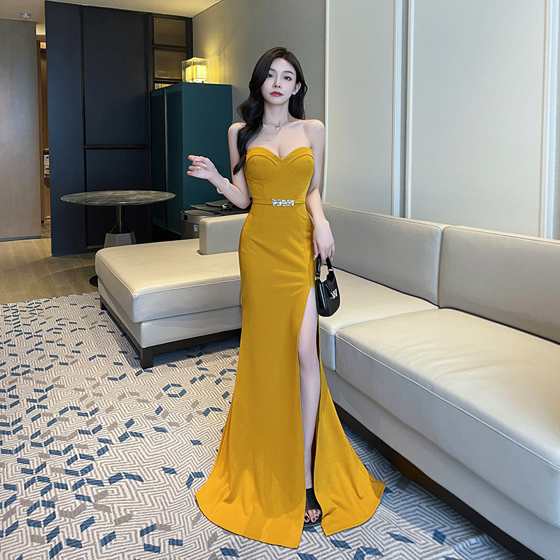 キャバドレス ビジュー装飾ベルト付きハートネックマーメイドロングドレス