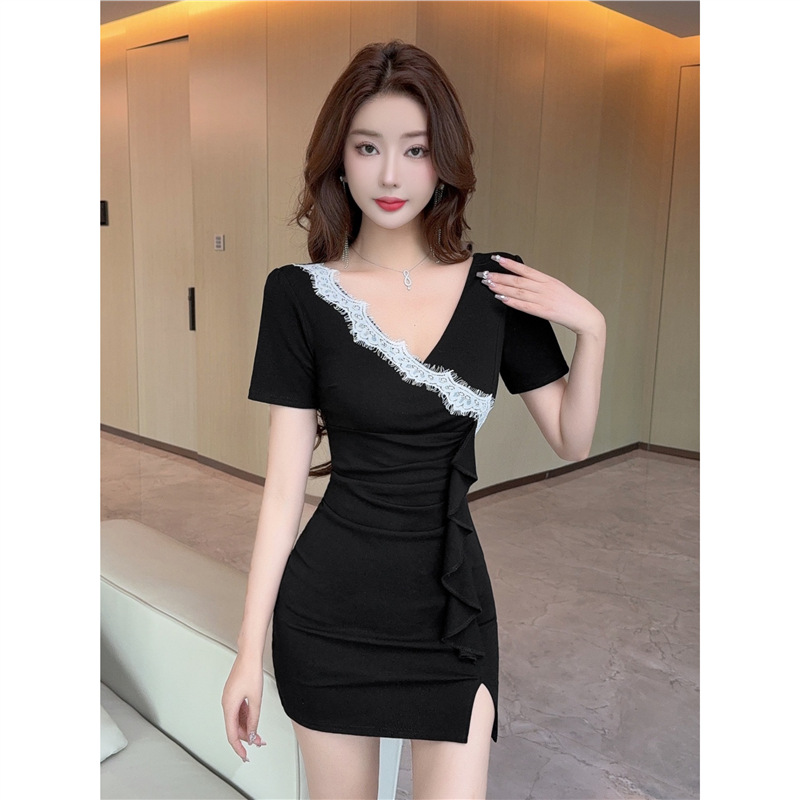 キャバドレス レース装飾深襟フリルリボンタイト膝上丈ドレス