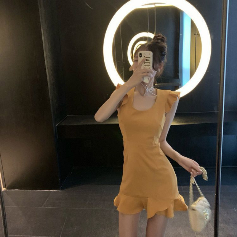 キャバドレス フリル袖バックレースアップミニドレス