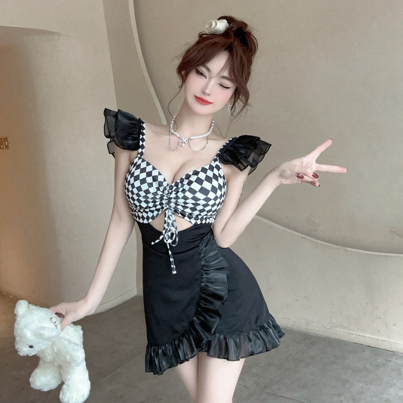 キャバドレス 市松模様ビスチェ風フリル袖付きミニドレス