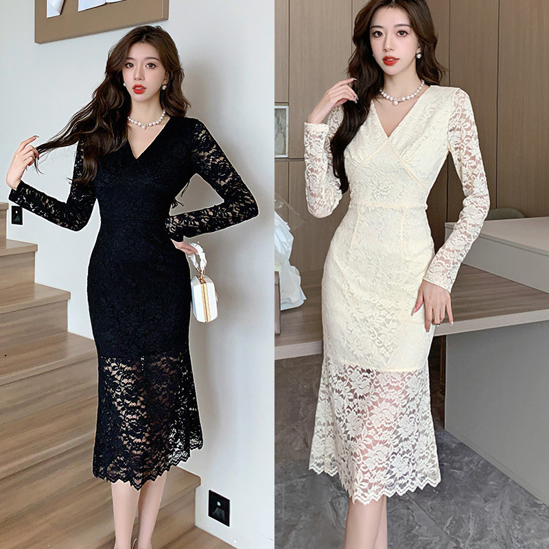 キャバドレス 花柄刺繍レースロング袖ありワンピース黒白結婚式フォーマル大きいサイズ