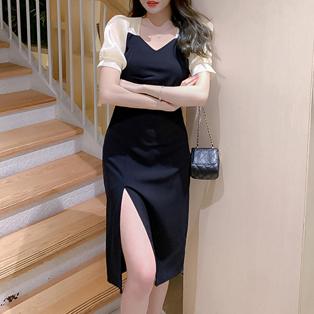 キャバドレス 袖切り替えドッキングワンピース