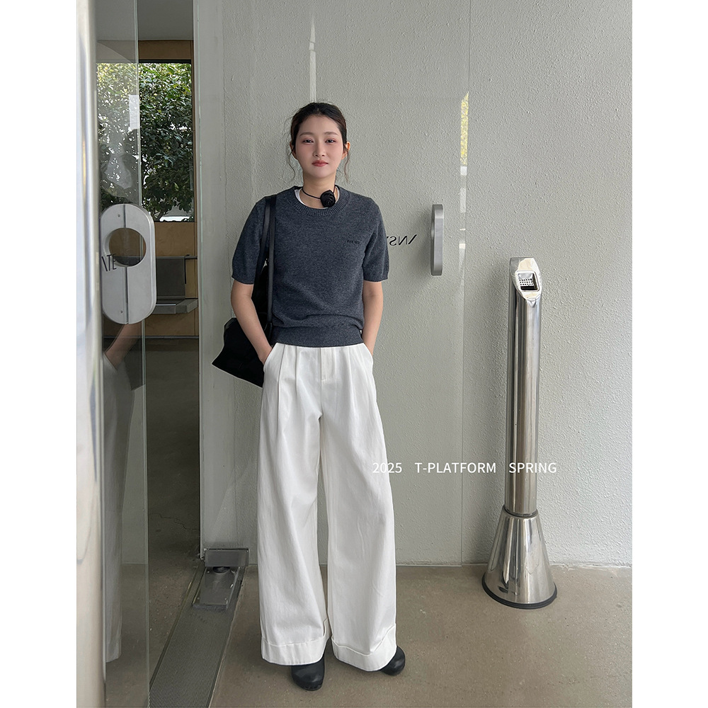 Y2Kファッション ワイドシルエット奶奶パンツ 美脚ストレート