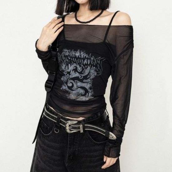 Y2Kファッション メッシュ透けシースルー長袖カットソー