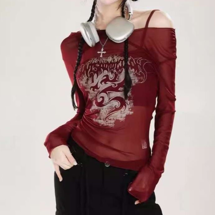 Y2Kファッション オフショルダー風ドラゴン柄長袖シャツ