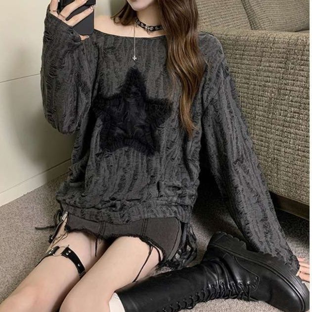 Y2Kファッション オーバーサイズ星柄ケーブルニット