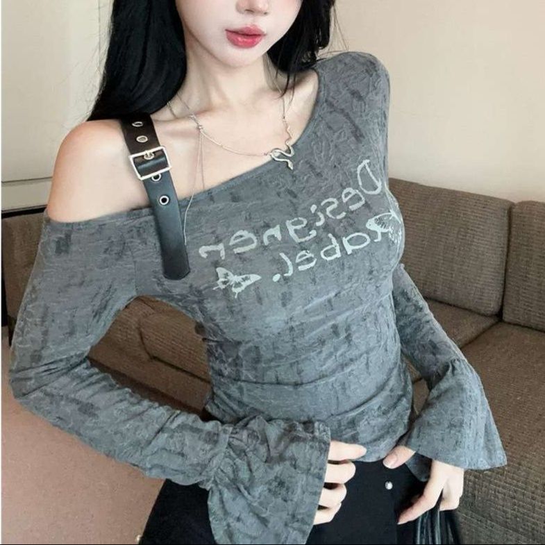 Y2Kファッション オフショルダーラッフルスリーブトップス