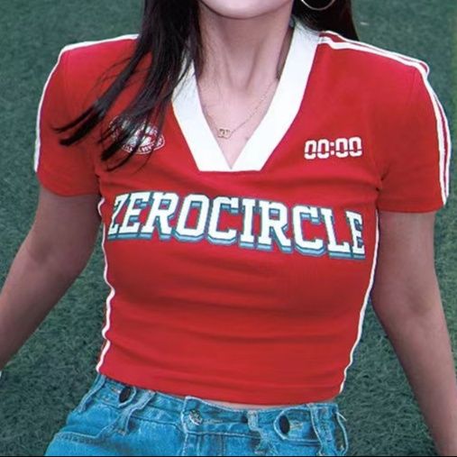 Y2Kファッション レトロスポーティーブイネック半袖トップス