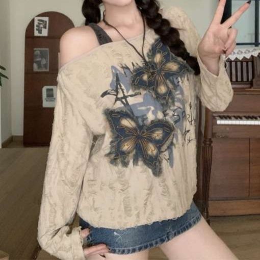 Y2Kファッション 蝶柄オフショルダーニット