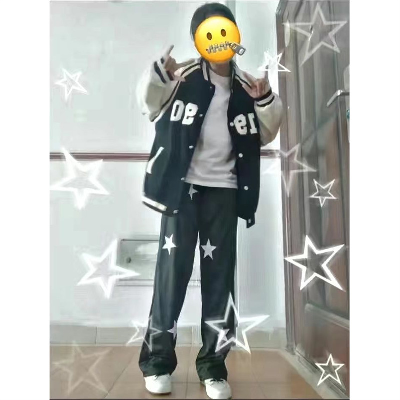 Y2Kファッション 星柄ワイドストレートパンツ