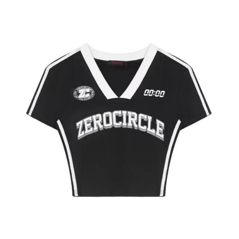Y2Kファッション レトロスポーティーブイネック半袖トップス